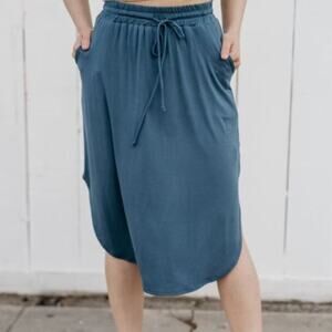 Sozy Camila Modern Navy Blue Chic Soft Modal Midi Skirt with Pockets Size S